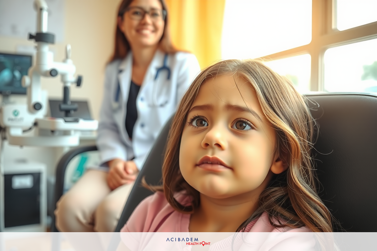 An image showing a young girl seated inside an examination room, likely at a medical facility. The child is looking to the side with a slight frown on her face. An adult female is standing next to her, smiling and observing the situation.