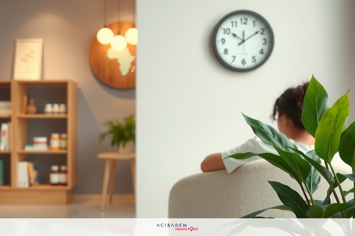 The image shows an interior room that appears to be a waiting area or small office space. There is a person seated on a modern-looking sofa, facing away from the camera with their head down as if they are resting or reading something.