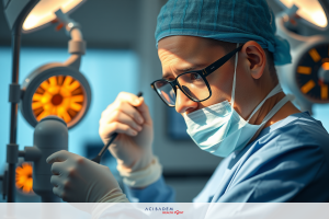 In the image, a healthcare professional, likely a surgeon or anesthesiologist, is seen in a medical setting. A surgical mask covers their face, and they are holding what appears to be a scalpel with attention, suggesting they might be preparing for or conducting a surgical procedure. In the background, there's medical equipment which supports this setting being a hospital operating room.