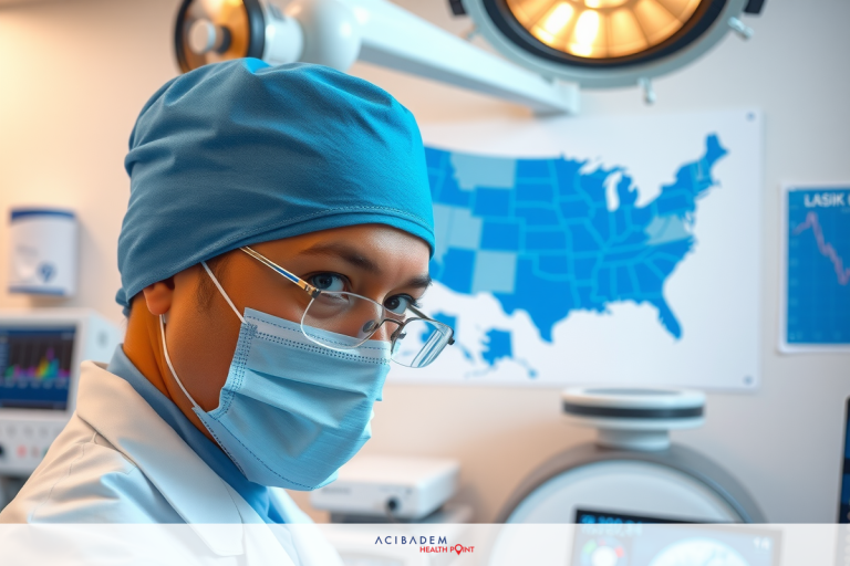 The image depicts a professional medical setting. In the foreground, there is an individual wearing white scrubs and a surgical mask. The person appears to be focused on their work, possibly monitoring or assisting with some equipment.