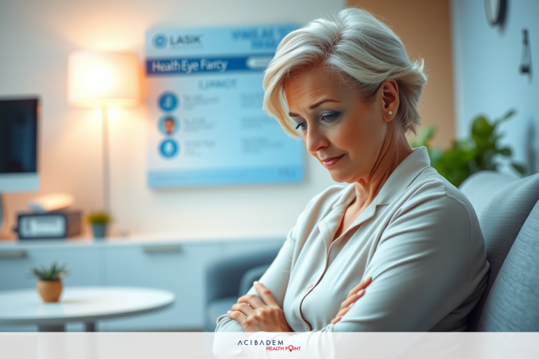 An older woman with a concerned expression, looking down at her hands crossed in front of her. She is dressed in light colors and appears to be in an office setting with modern furniture and technology.