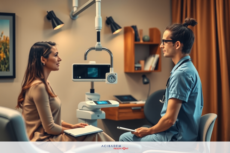An eye office with a man and a woman, both seated in chairs, being examined by an ophthalmologist in a surgical gown, looking at the results of an x-ray scan on a computer screen.
