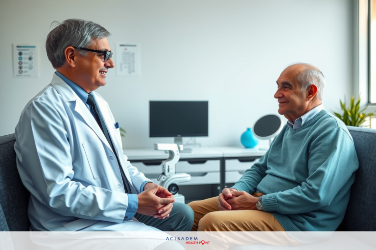 Two men in a clinic setting. The older man is seated while the younger man sits across from him, wearing a white coat indicating his role as a doctor.