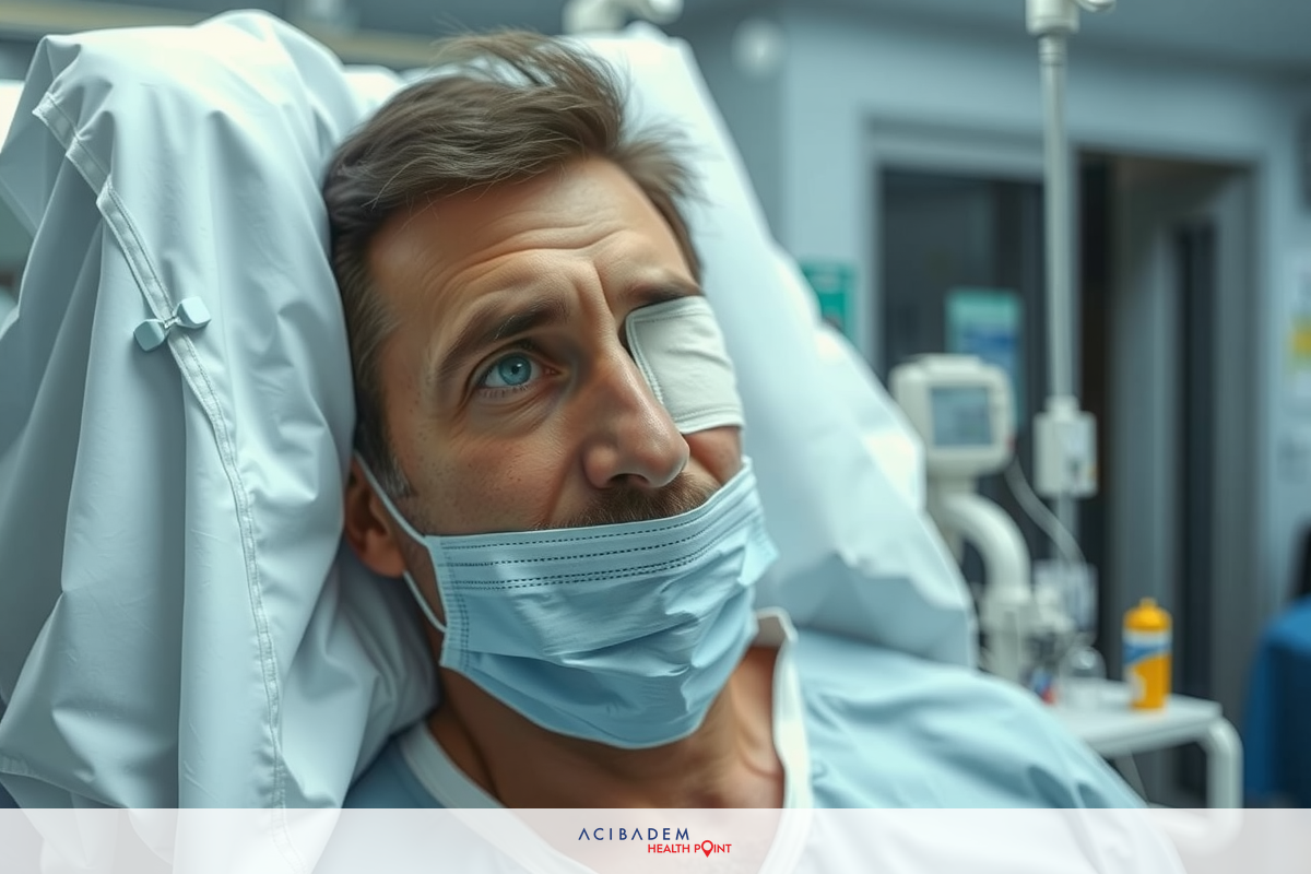 The image shows a man lying in a hospital bed with medical equipment around him. He is wearing a surgical mask and has one eye covered with a protective patch.