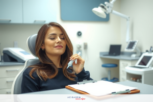 A woman is sitting in an examination chair, holding an object in one hand, and her eyes are closed. The setting appears to resemble a medical clinic office, as evidenced by the medical equipment and lighting in the background.