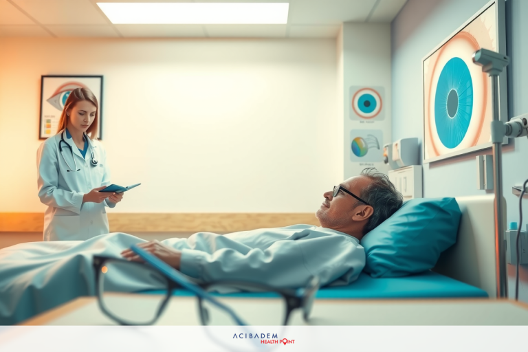 An image depicting a medical scene with a doctor, possibly female, standing over a patient who is lying in a hospital bed. The doctor has a clipboard and appears to be examining or discussing the patient's condition.