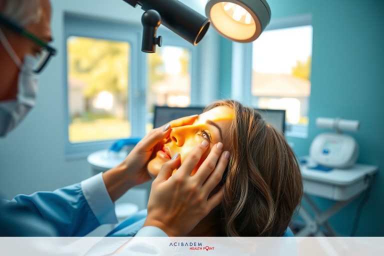 This image depicts a professional setting where a person is receiving eye services. The key visual elements include two individuals, one providing care with medical instruments and the other receiving treatment on a chair.