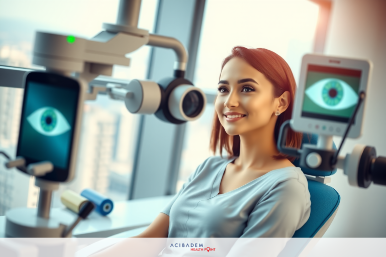 How Much is LASIK Eye Surgery in Colombia? The image depicts a young woman sitting in an examination chair with various medical equipment around her. The woman is looking at the camera and smiling. There are screens with images of eyes, suggesting an eye examination. The room has a clean, modern look with glass walls, indicating it could be a clinic or healthcare facility.