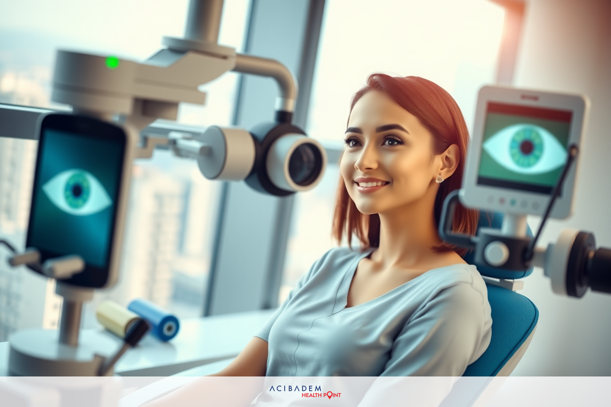 The image depicts a young woman sitting in an examination chair with various medical equipment around her. The woman is looking at the camera and smiling. There are screens with images of eyes, suggesting an eye examination. The room has a clean, modern look with glass walls, indicating it could be a clinic or healthcare facility.