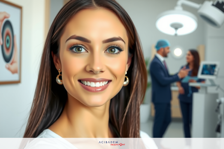 Smiling woman with long hair in a professional environment, possibly a doctor's office or a healthcare clinic.
