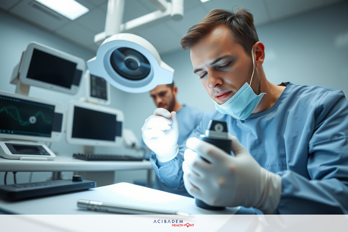 The image depicts a medical operating room. A male surgeon is wearing full surgical attire, including scrubs and a face mask.
