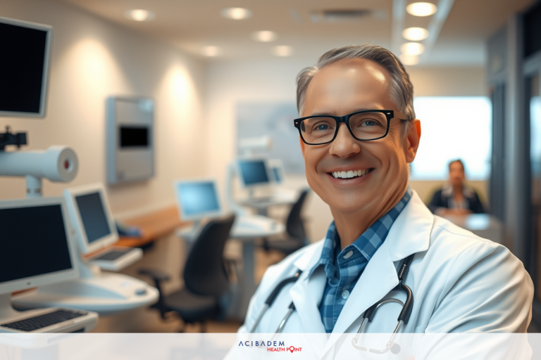 A doctor in a medical office with electronic equipment. He is smiling and wearing glasses, indicating a friendly atmosphere. The room has monitors and equipment suggesting a modern clinic environment.