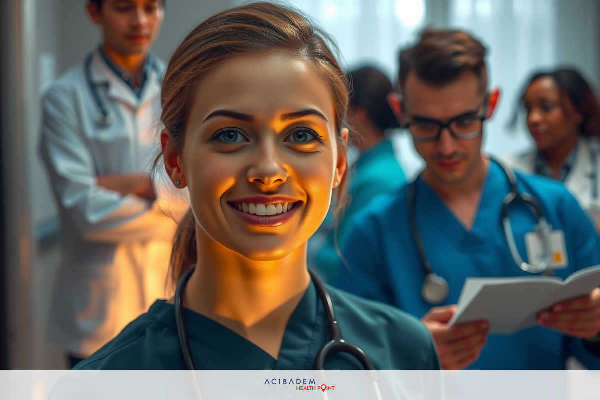 The image captures a medical team in a clinic. At the center, there is a woman with short hair smiling at the camera. Around her are various doctors and nurses, all wearing white coats, indicating their professional roles.