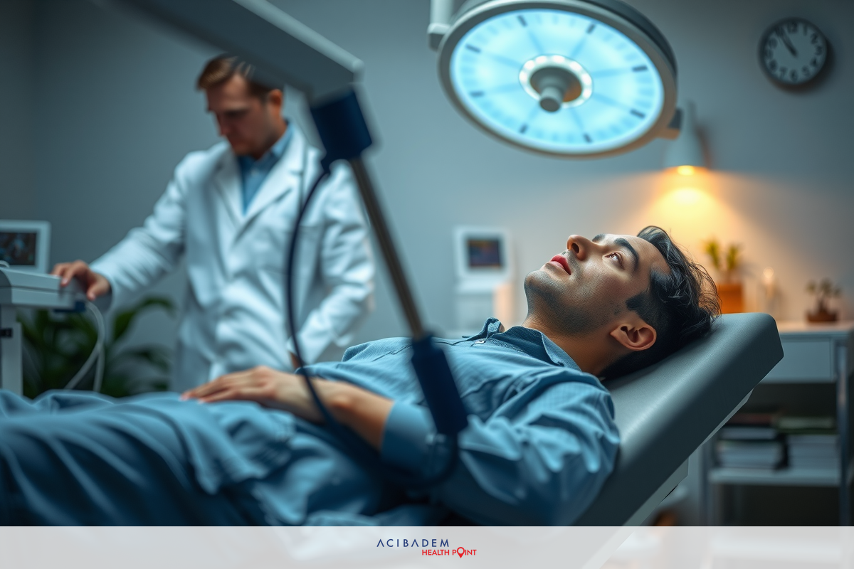 The image depicts a medical scene. A patient is lying on an examination bed, looking upwards with a focused expression. An attending physician in professional attire stands to one side, observing the patient's condition.