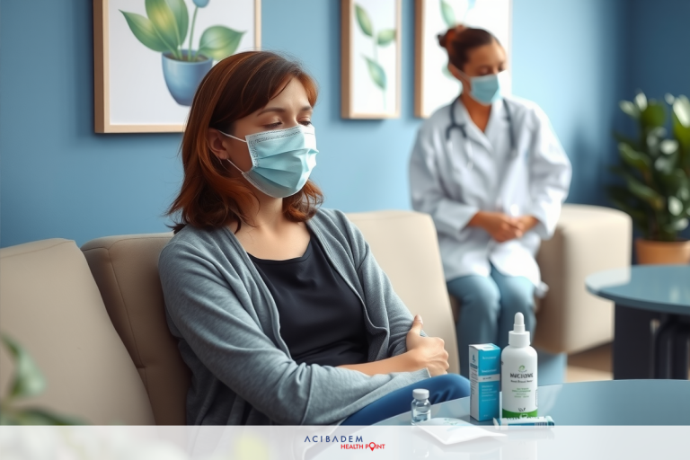 The image depicts a healthcare setting with two individuals. One person is seated on the left, wearing a surgical mask and appears to be receiving medical attention from the other individual who stands to their right.