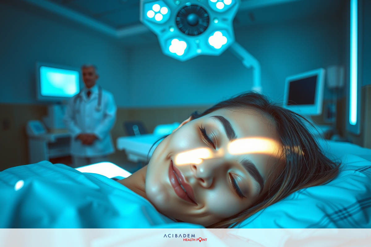 A woman lying in a hospital bed, with medical personnel attending to her. The environment suggests a clinical setting with artificial lighting.