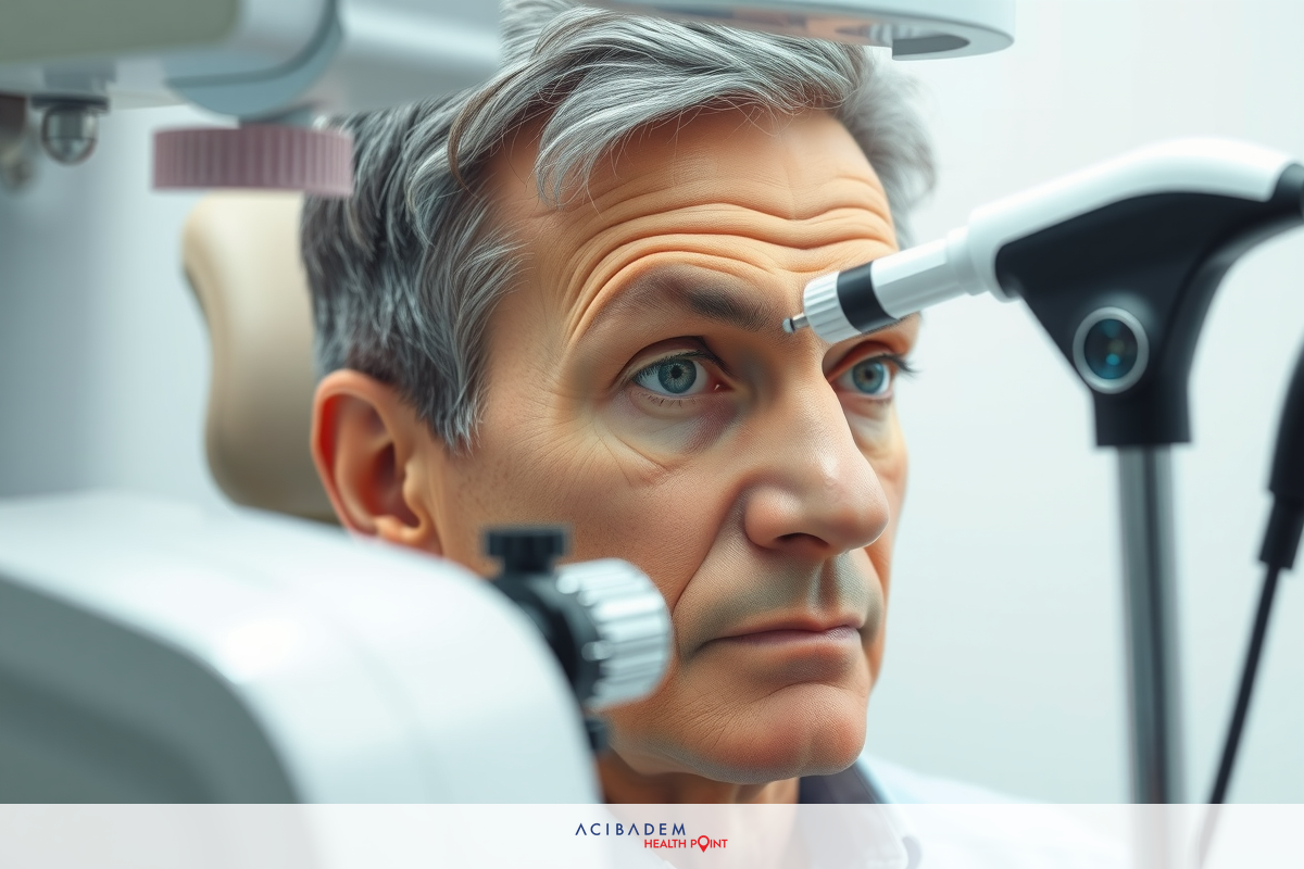 Man looking at eye scan machine. He appears to be in a clinic or medical setting, focusing on the device for what might be an examination.