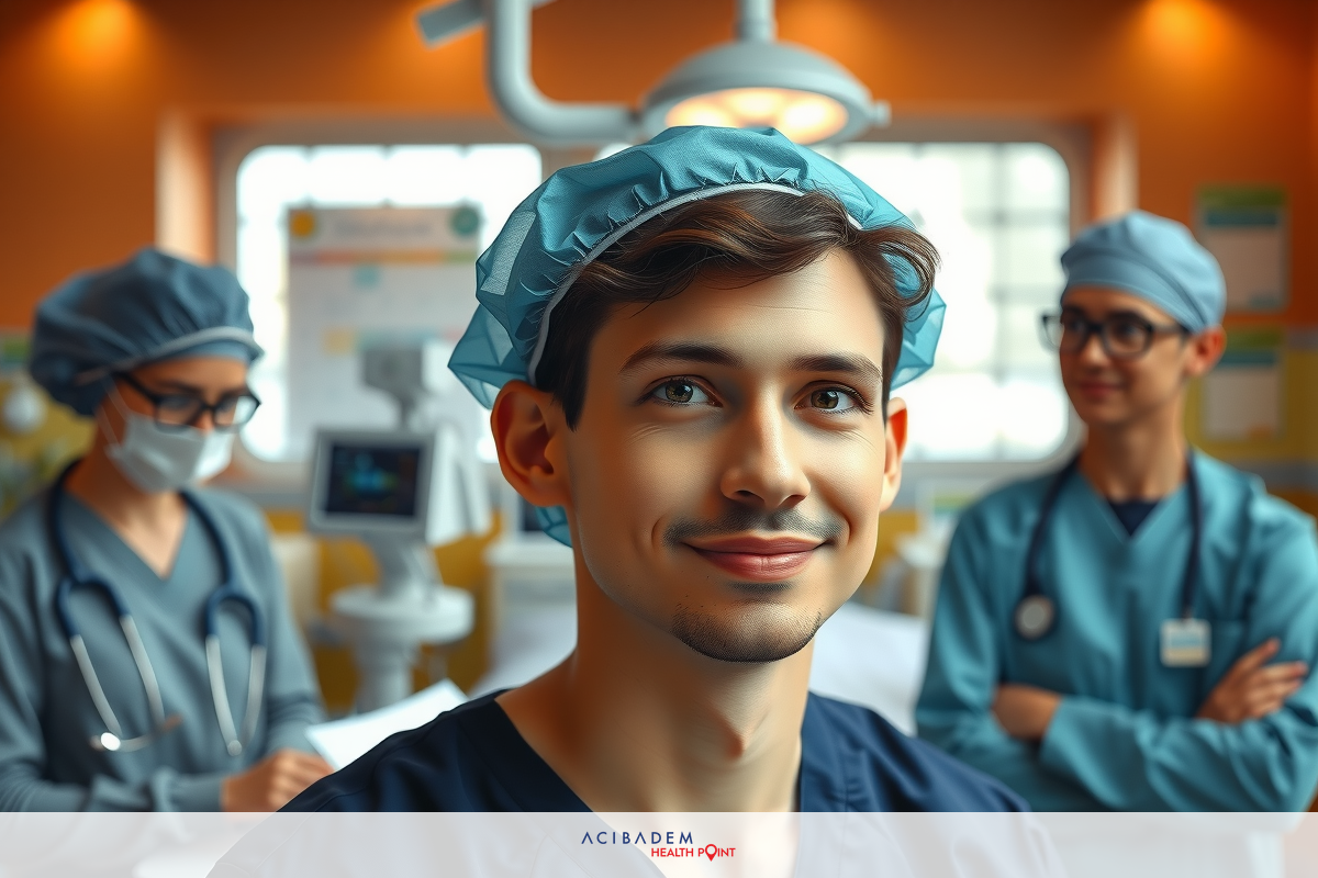 The image depicts a scene from a hospital or medical setting. There is a male patient seated on an operating table, smiling and looking at the camera with a relaxed expression. Surrounding him are medical professionals, including surgeons and nurses, who appear to be focused on their tasks.
