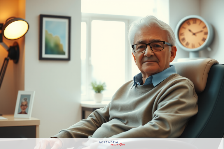 What Age Can You Do Laser Eye Surgery The image shows an elderly gentleman sitting in a modern, well-appointed living room. He has grey hair and is wearing glasses, along with a casual long-sleeve sweater.