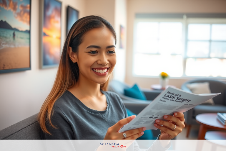 Woman sitting on couch reading magazine, wearing gray shirt and smiling at camera. Couch has blue cushions. Living room setting with modern decor.