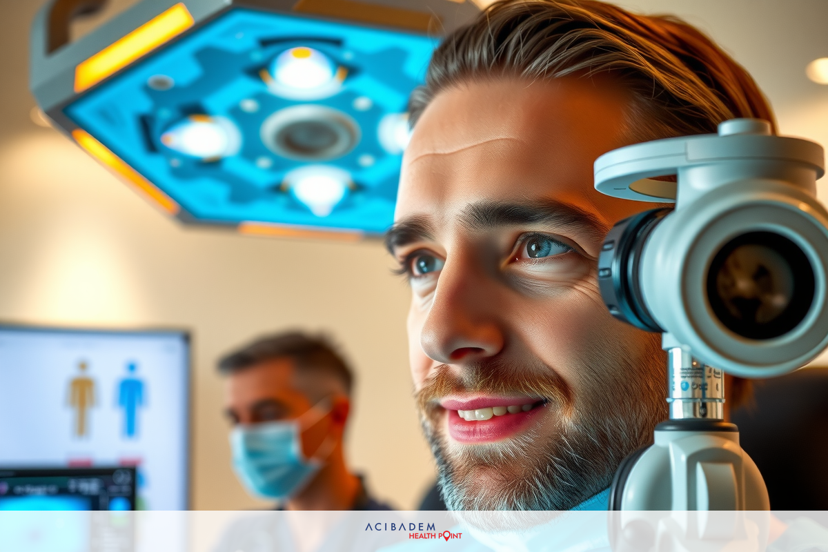 The image depicts a modern medical office environment equipped with advanced equipment. The patient is seated and appears relaxed during the procedure, which may include scanning the eyes or other body parts.