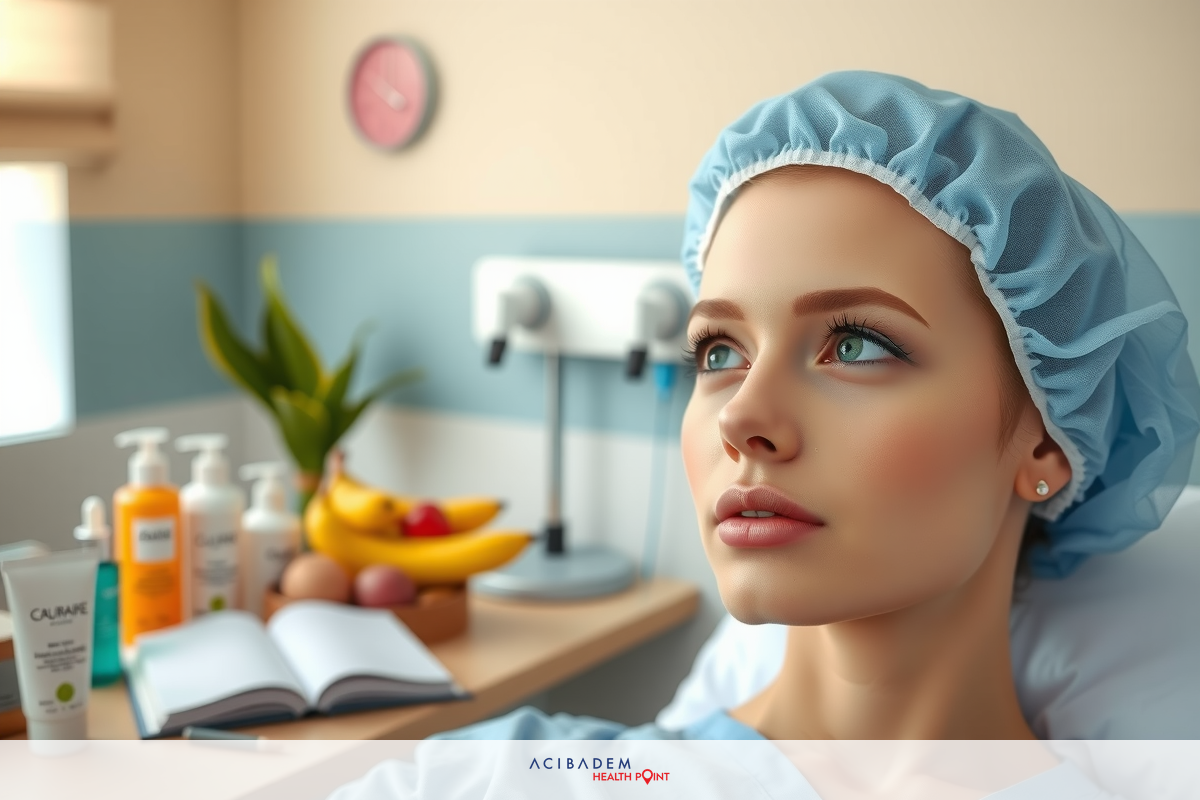 This image portrays a young, blonde woman wearing medical scrubs and a blue surgical cap. The environment suggests a well-equipped clinic setting, with visible medical equipment and personal items such as a book, banana, and other miscellaneous objects scattered on the table.