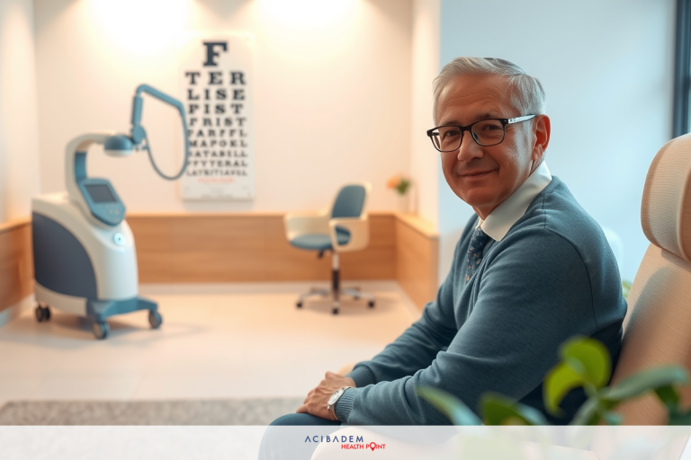 What Is Smile Laser Eye Surgery? An elderly man seated in a comfortable chair, smiling towards the camera. The room has modern ophthalmological equipment visible in the background, indicating an eye doctor's office.