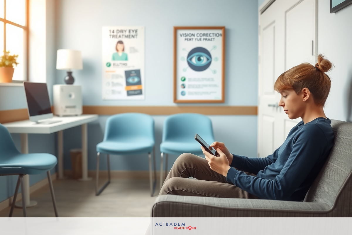 A woman sits in a modern office, focused on her phone. The room is bright with blue walls and chairs. There are posters on the wall, suggesting an environment of healthcare or technology.