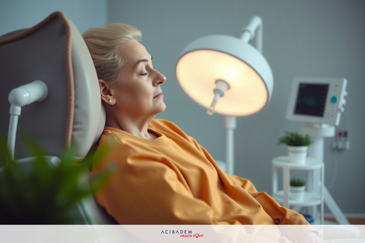 This is a photograph of a female patient lying in a hospital bed, wearing an orange jumpsuit. She appears to be undergoing medical procedures or treatment.
