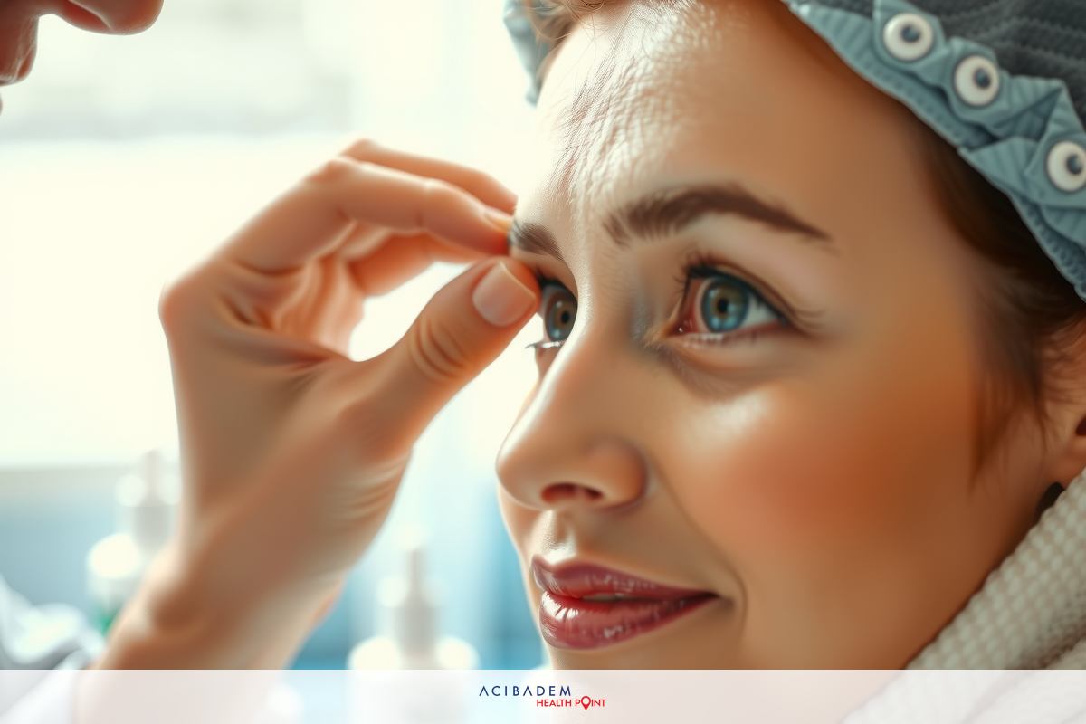 The image depicts a medical setting with a healthcare professional performing an eye examination. The environment suggests a clean, clinical atmosphere with blue lighting that highlights the importance of sterility in such procedures.