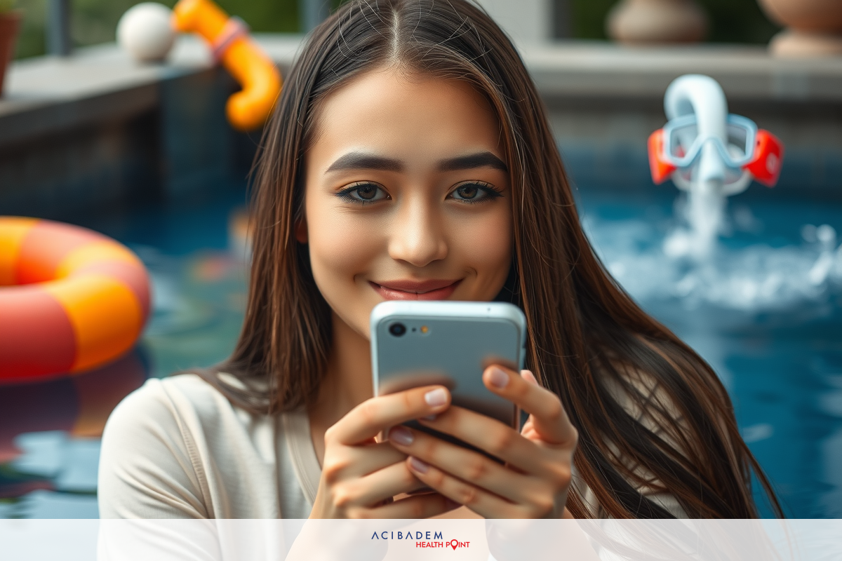 A young woman is smiling and looking at her phone. She appears to be outdoors, near a pool. The image has a bright and sunny atmosphere.