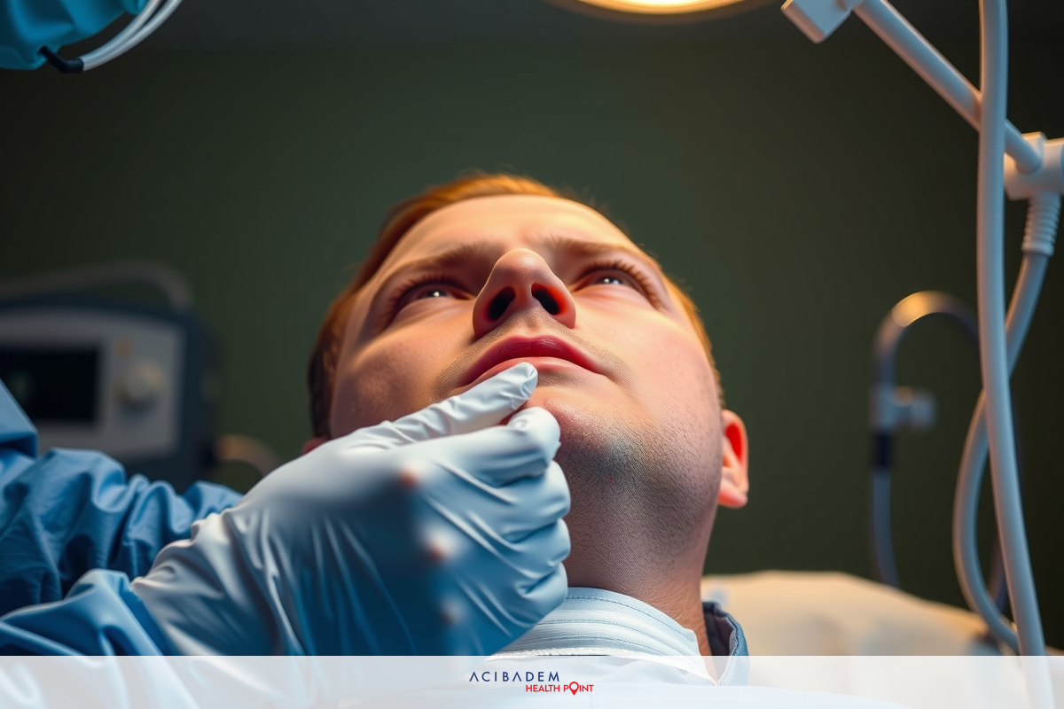 The image is a photograph of a medical setting, likely taken from the perspective of a surgeon or medical staff member. In focus are hands wearing surgical gloves, positioned over the face of an individual.