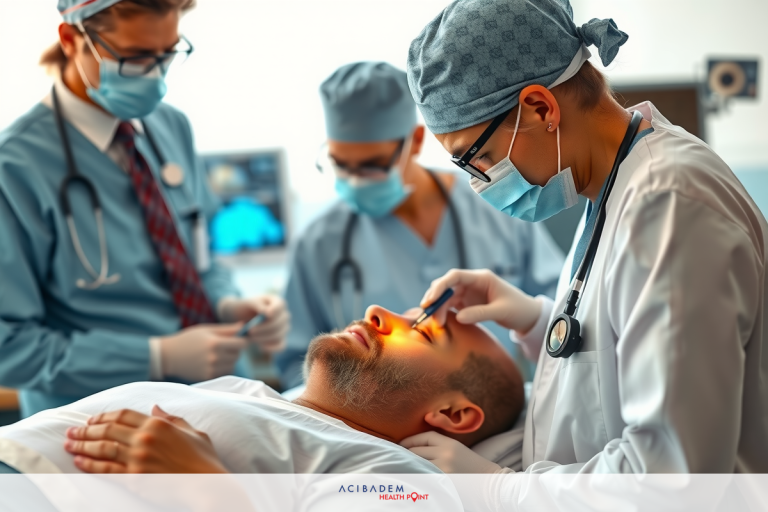 Medical scene with doctors performing surgery or procedure on patient. While one doctor performs the eye examination, others assist with the operation.