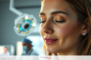 The image depicts a woman in a medical setting, possibly an operating room. She is lying on a medical bed with her eyes closed and appears to be in a state of relaxation or perhaps undergoing a procedure.