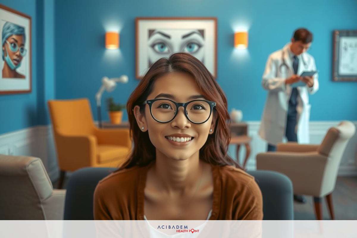 Smiling woman in glasses sitting in office with doctor, art on wall and modern decor.