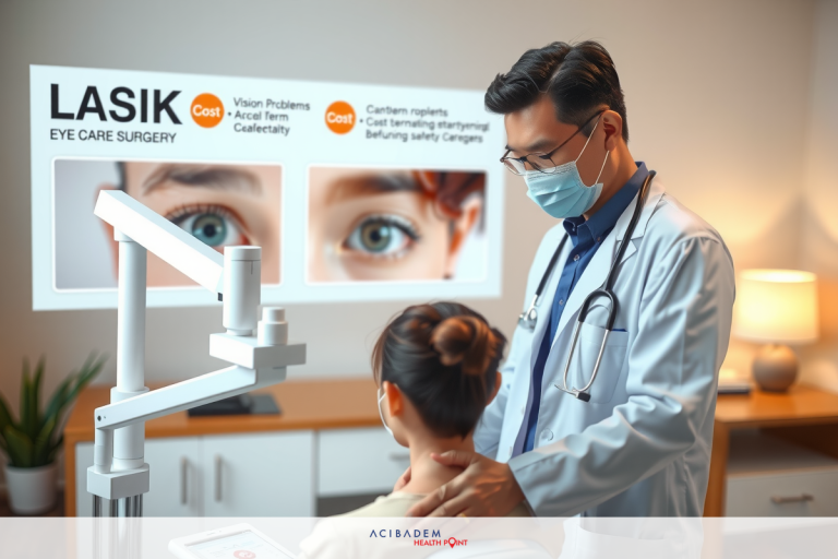 In the image, a doctor in white medical attire is using a digital eye examination device to check a patient's eyes. The device captures images of the patient's eyes with an overlay on the screen showing the eyes as a visual aid for analysis. There are various text elements in the image, such as