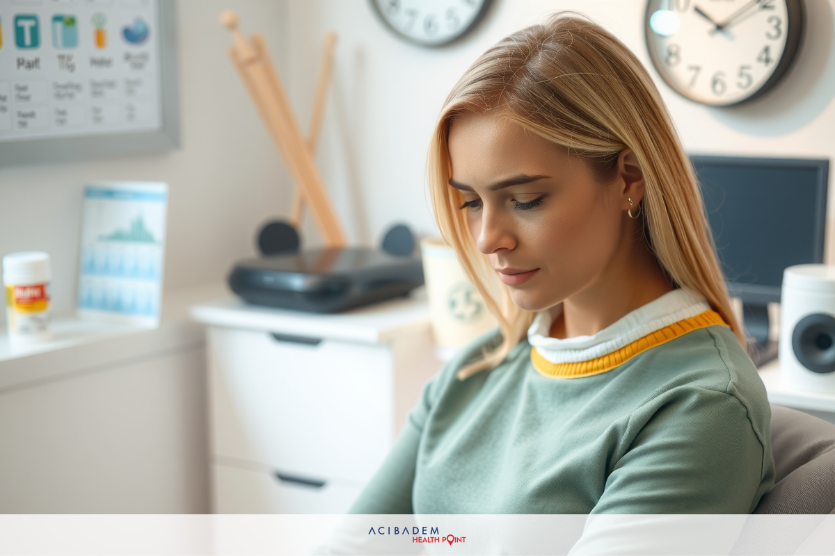 A young woman wearing a green sweater is seated in an office environment, looking at her desk, with multiple clocks visible on the wall behind her.