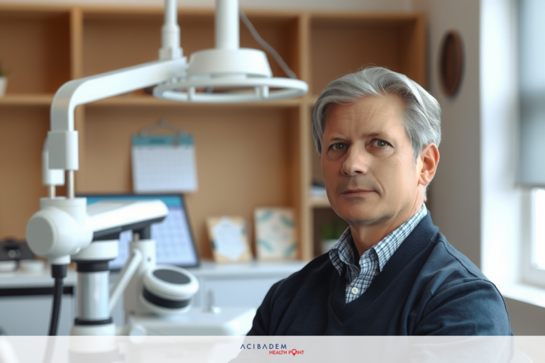 The image shows a man sitting in front of a medical examination chair. He looks directly at the camera with a neutral expression. The room contains medical equipment and furniture, depicting a medical office environment.