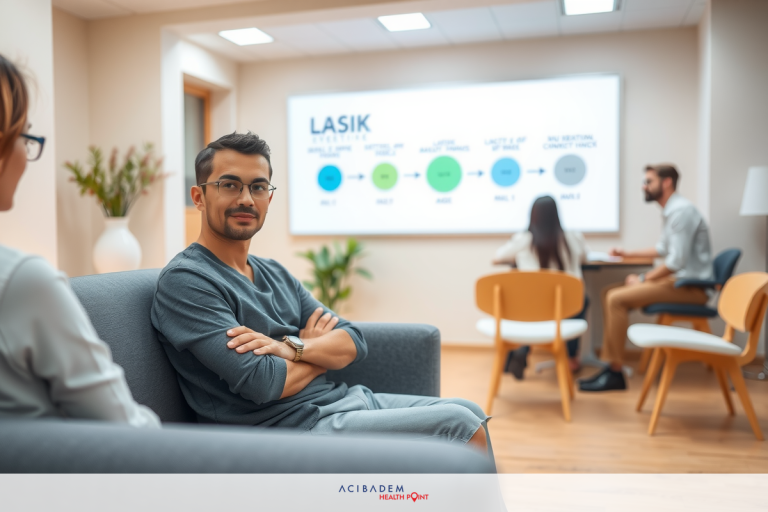 When is it Too Late to Get LASIK Eye Surgery? In a modern, well-lit office environment, a young man is sitting on a couch with his arms crossed. He appears to be listening intently while wearing a grey shirt and glasses.