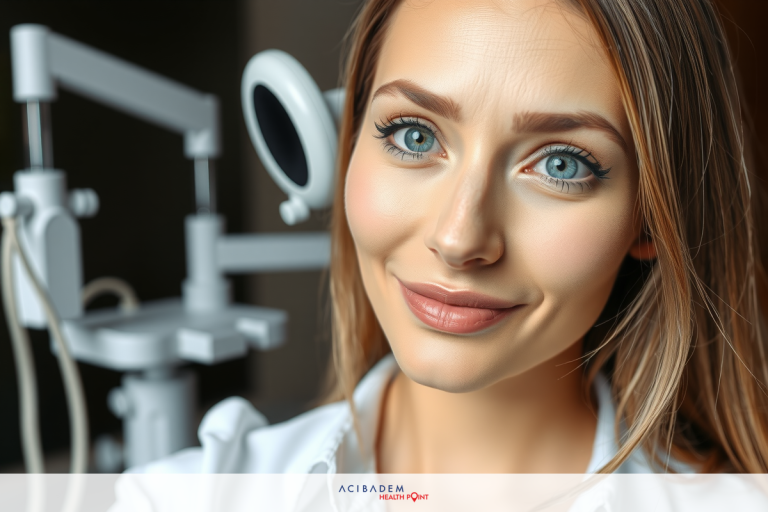 The image shows a woman smiling at the camera. She has her hair pulled back, and she is wearing what appears to be a white lab coat.