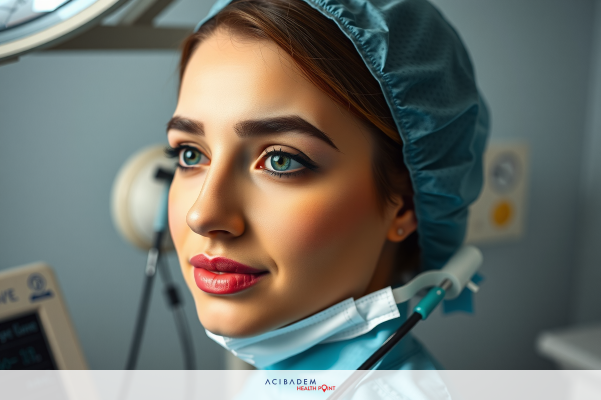 A female surgeon wearing a surgical mask, standing at an operating table with medical equipment. She has an intense gaze as if looking into the distance or considering her next move.