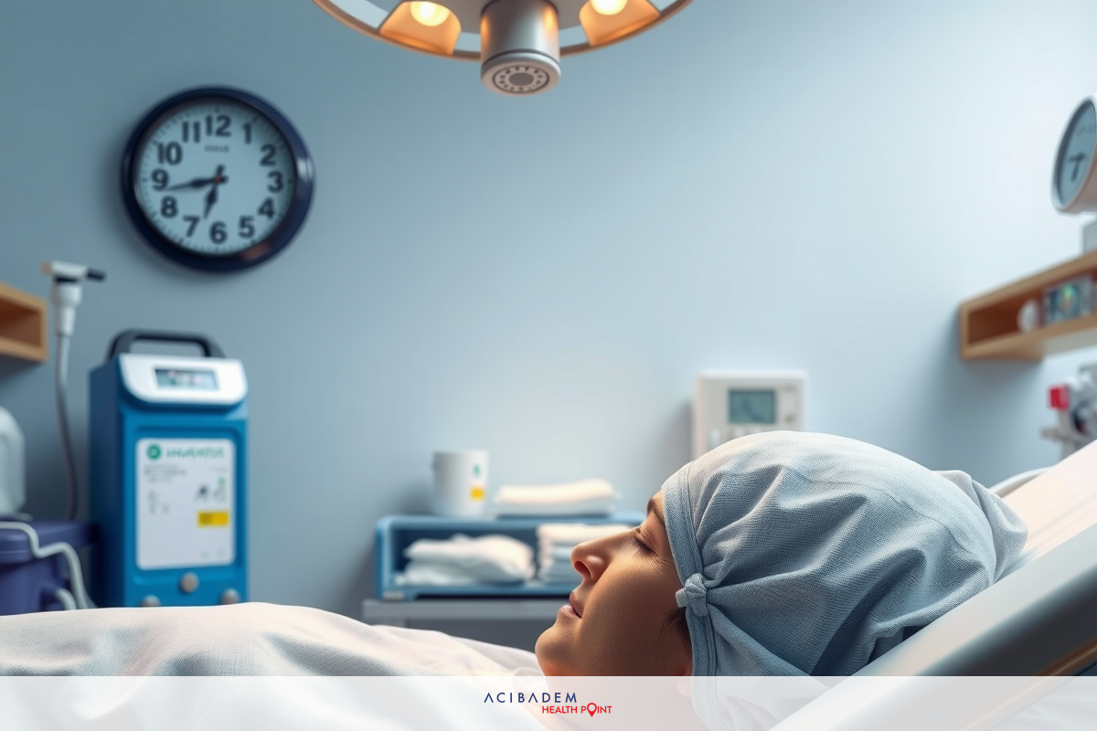 The image shows a person lying on an examination table with various medical equipment around. The individual has a surgical cap covering their head.