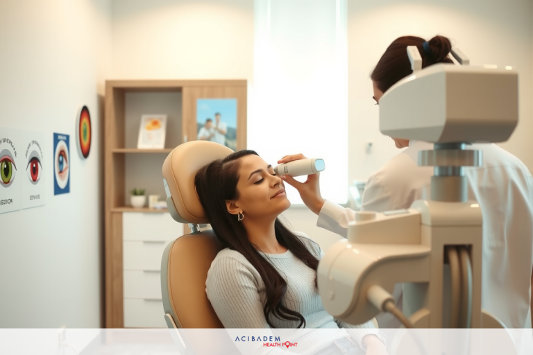 A young woman sitting in a dental chair, having her eyes checked by a professional using a specialized device. The setting is a clean and modern medical office with chairs and shelves visible.