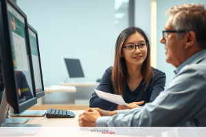 Two people in a professional setting looking at a computer screen. The man is likely discussing the content on the screen with the woman who is seated next to him.