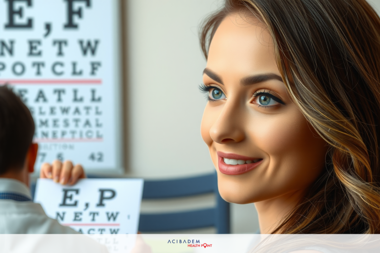 Can You Have LASIK in One Eye? The image depicts a woman inside an eye examination room, with the man seated at the exam table. The setting includes clinical furnishings such as exam chairs and equipment typically found in an optometrist's office.