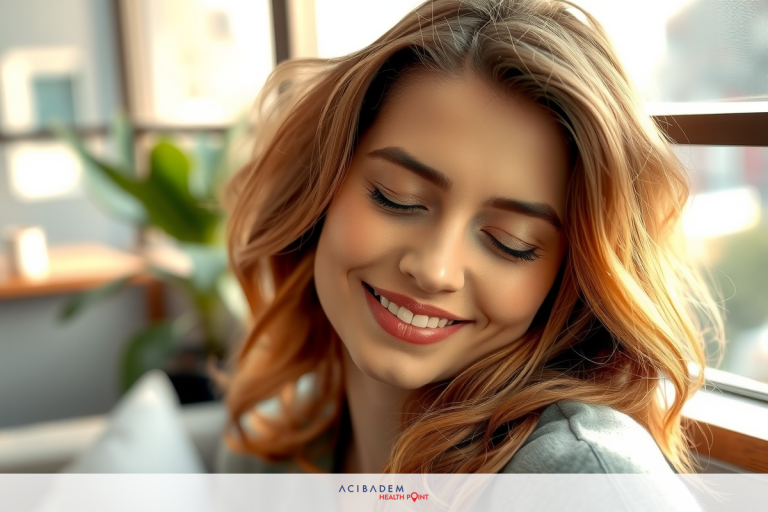 A woman is the central figure in this image. She has blonde hair and is wearing a grey top with her eyes closed, possibly in a moment of joy or relaxation.