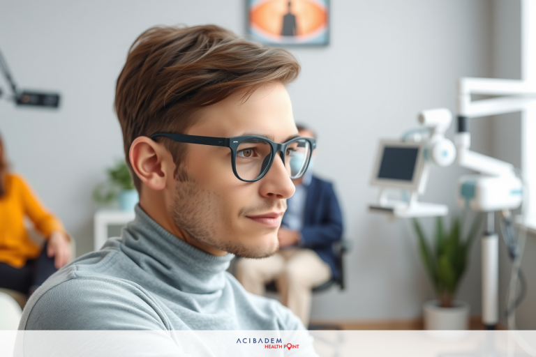 A man wearing glasses sitting at a desk in an office environment. He is dressed professionally and appears to be engaged in a conversation or work.