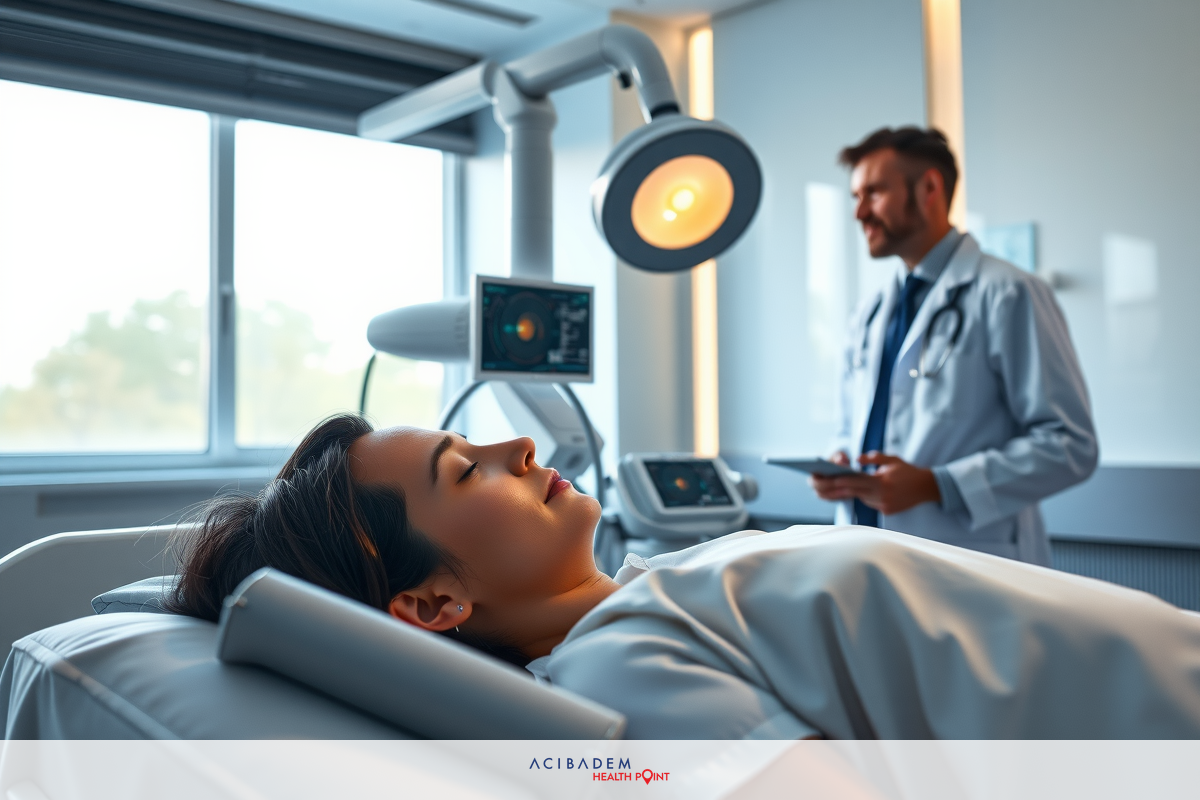 The image depicts a medical setting. There is a patient lying on a hospital bed, appearing calm and reassured while receiving medical attention from two healthcare professionals.