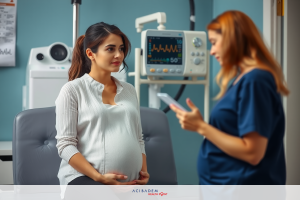 The image depicts a medical setting where two women are interacting. One woman is sitting on a medical chair, appearing to be pregnant and wearing a white shirt.