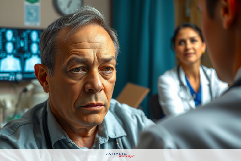 Can Laser Eye Surgery Cause Double Vision The image shows an elderly man with gray hair, wearing a white coat, sitting in front of what appears to be a medical professional who is standing and holding a clipboard.